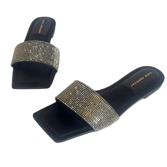 Good American Crystal Crush Standout Slides flats sandals Black Size 10 - Picture 1 of 9